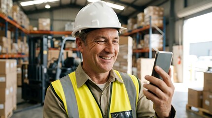 Warehouse worker in safety vest and hard hat using smartphone amidst stacked boxes