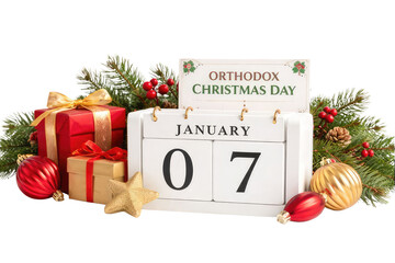 Orthodox christmas day festive decorations with gifts and a calendar marking january seventh no background