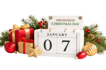 Orthodox christmas day festive decorations with gifts and a calendar marking january seventh no background