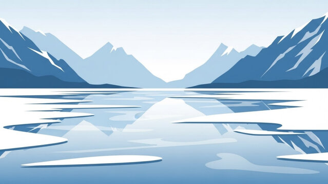 Serene icy lake with melting icebergs and majestic snow capped mountains under clear blue sky
