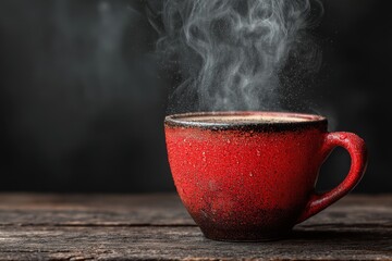Red ceramic coffee cup with steaming hot beverage on rustic wooden table