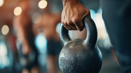 Close-up of a muscular hand gripping a black kettlebell in a gym