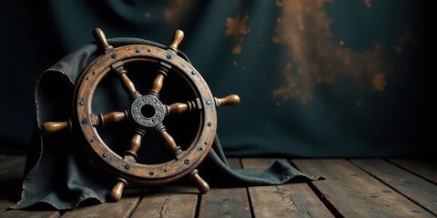 Obraz premium Antique Wooden Ship Wheel on Dark Fabric Draped Across Rustic Wooden Planks