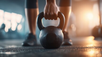 Low-angle view of a person preparing to lift a kettlebell from the gym floor