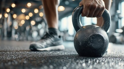 Low-angle view of a hand gripping a kettlebell on a gym floor with bokeh background