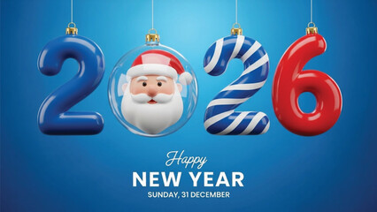 A vibrant 3D illustration featuring four hanging ornaments forming the digits '2026'. The '0' ornament contains a detailed bust of Santa Claus. The background is a deep blue gradient.