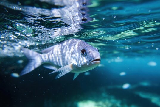 Close-up of a vibrant blue and grey fish swimming serenely beneath the rippling surface of clear turquoise water, with its reflection visible above