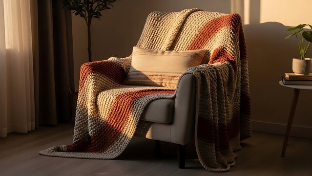 Cozy armchair with blanket in living room.