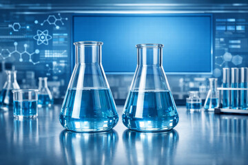 Laboratory flasks with blue liquid in futuristic scientific lab setting, highlighting innovation and research in a digital science environment concept. Ai generative