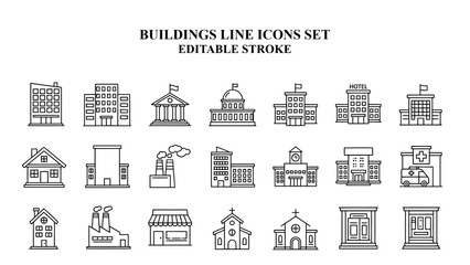 Set of simple white line art icons representing various building types on transparent background
