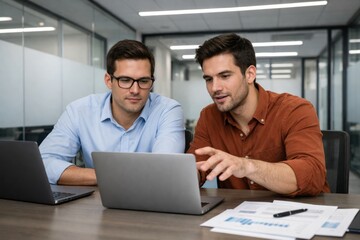 Two young businessmen collaborating on laptop in modern office setting, analyzing financial data and discussing creative business concept strategy. Ai generative