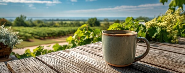 Obraz premium A steaming mug of coffee on an outdoor wooden table with a vineyard view and greenery