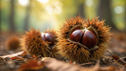 Seasonal ingredient narrative. Ripe chestnuts breaking through spiky shells on forest floor, surrounded by autumn leaves