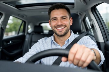 Smiling man confidently driving modern car, wearing striped shirt and seatbelt, concept of safety, comfort, and lifestyle, interior view focus.. Ai generative
