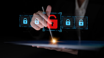 Digital security concept illustrating a cybersecurity breach, with a red unlocked padlock indicating data exposure among secure systems, emphasizing system vulnerability and risk Latch