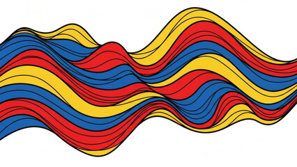 Vibrant wavy lines in red, blue, and yellow hues create dynamic colorful abstract art on white background