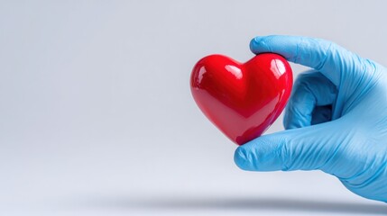Heartfelt Care: A gloved hand tenderly cradles a vibrant red heart, symbolizing compassion, health, and dedication in medical care.