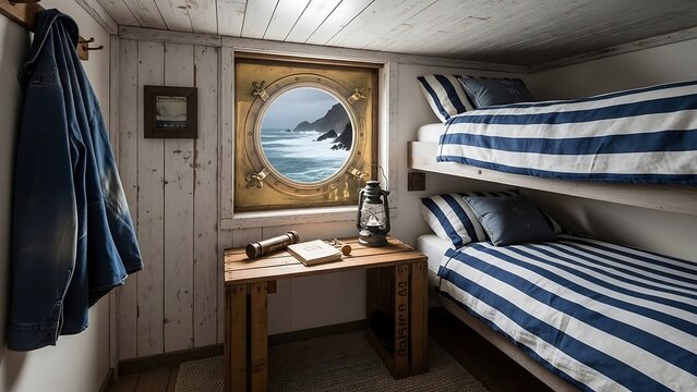 Cozy cabin interior with bunk beds and sea view.