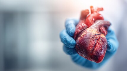 Heart in Hand: A detailed view of a human heart delicately held by a gloved hand, symbolizing the critical essence of life and health.