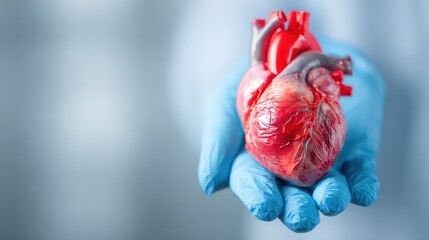 Heart in Hand: A detailed view shows the delicate human heart, held gently in a gloved hand, symbolizing life, care, and medical expertise. 