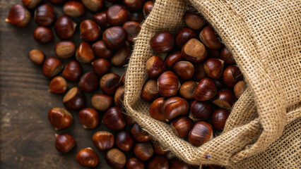 Seasonal ingredient narrative. Chestnuts spilling from burlap sack onto wooden surface, creating rustic and cozy atmosphere