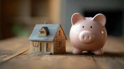 Dream Home & Savings: A miniature house and piggy bank sit side-by-side on a wooden surface, suggesting the dream of homeownership and the value of savings.