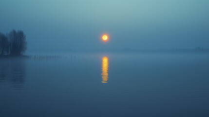 Fototapeta premium Foggy sunrise over calm water reveals a golden sun reflecting on the lake in tranquil early morning