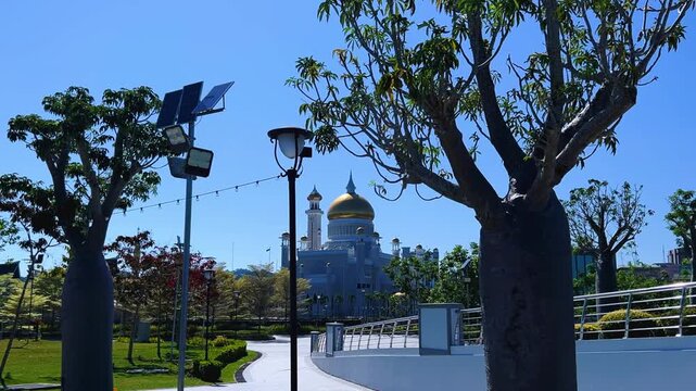 Brunei Darussalam - June 25, 2025: Sultan Omar Ali Saifuddin Mosque in Bandar Seri Begawan. Mosque with baobab trees in the foreground. Mosque facade and dome in sunlight. 4К