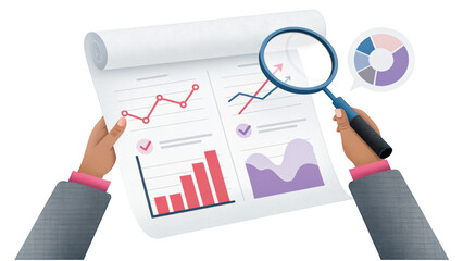Examining detailed financial data isolated on transparent background