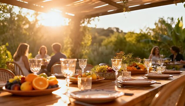 Outdoor dining table set with fruit and people at sunset