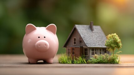 Home Savings Dream: A charming piggy bank beside a miniature house, representing financial goals and the aspiration of homeownership, with a soft background.