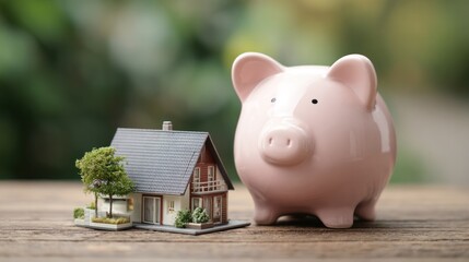Dream Home Savings: A charming miniature house stands beside a piggy bank, symbolizing the cherished dream of homeownership.