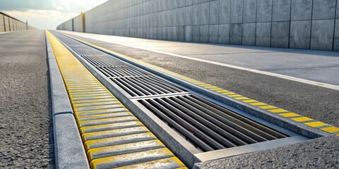 Modern roadway drainage system with yellow tactile paving for accessibility