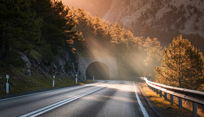 A calm cinematic view of a mountain road leading into a stone tunnel, surrounded by pine forest and soft golden hour light. The scene conveys quiet progress and reflection.