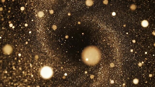 Golden Glittering Particle Stream - This video showcases a dense stream of golden particles against a dark background, creating a shimmering effect.