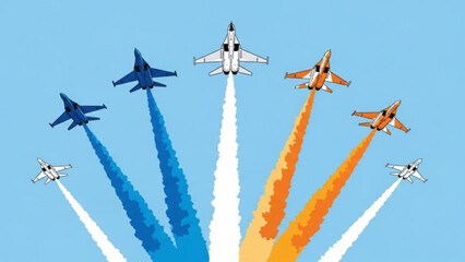 Fighter Jets Soar in Formation with Colorful Smoke Trails on Clear Blue Sky Background