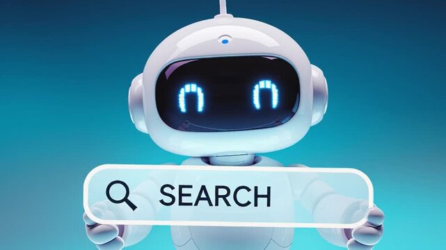 A Small Glossy White Robot Stands Centrally Holding a Search Symbol in a Modern Studio Environment, Front View, Digital Concept