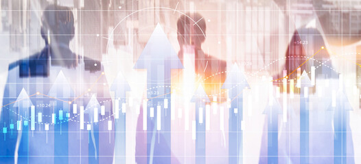 Businesspeople analyzing financial growth charts and data on digital screen