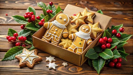Delightful Festive Treats A Gift Box of Astronaut-Shaped Gingerbread Men and Star Cookies Adorned with Holly Berries and Festive Greenery on Rustic Wooden Surface