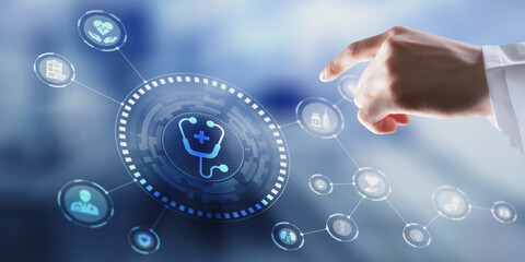 Medical professional interacting with stethoscope symbol on modern healthcare platform