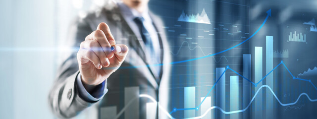 3D charts with up arrows, business panel on virtual screen