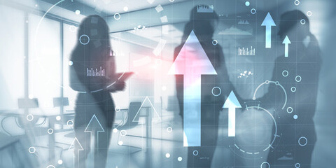 Business intelligence dashboard and arrows up, key performance indicators on a virtual screen computer interface