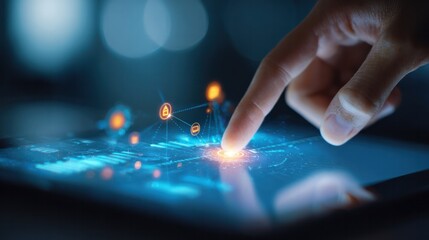Digital Connection: A finger interacts with a tablet screen, sparking connections and illuminating the potential of technological advancement.