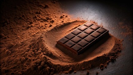 Dark Chocolate Bar Nestled in Cocoa Powder Mound A Delicious Still Life