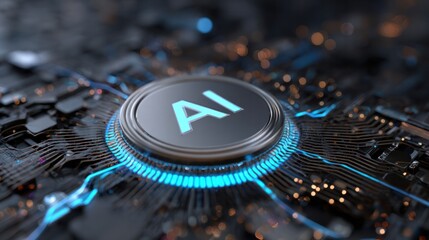 AI Chip in Focus: Intricate circuitry converges to spotlight the AI emblem on a high-tech chip, symbolizing the heart of innovation.