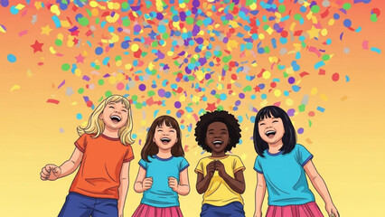 Fototapeta premium Happy Diverse Children Celebrating Joyful Moment with Colorful Confetti Background
