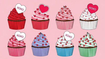 Colorful Valentine's Day Cupcakes with Hearts and XOXO Decorations on Pink Background