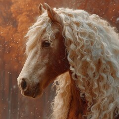 Obraz premium Beautiful noble brown horse with long curly white mane in autumn backdrop