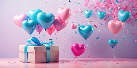 A delightful present, adorned with a vibrant blue ribbon, sits beneath a whimsical array of heart-shaped balloons in shades of pink and blue, all amidst a shower of celebratory confetti.