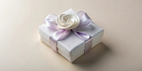 Elegant white gift box adorned with a delicate lavender ribbon and a creamy rose